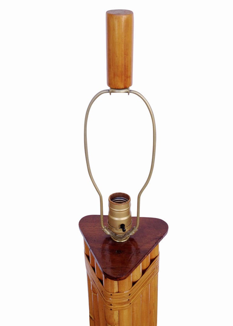 Mid-20th Century Restored Wrapped Rattan Pole Lamp with Mahogany Base
