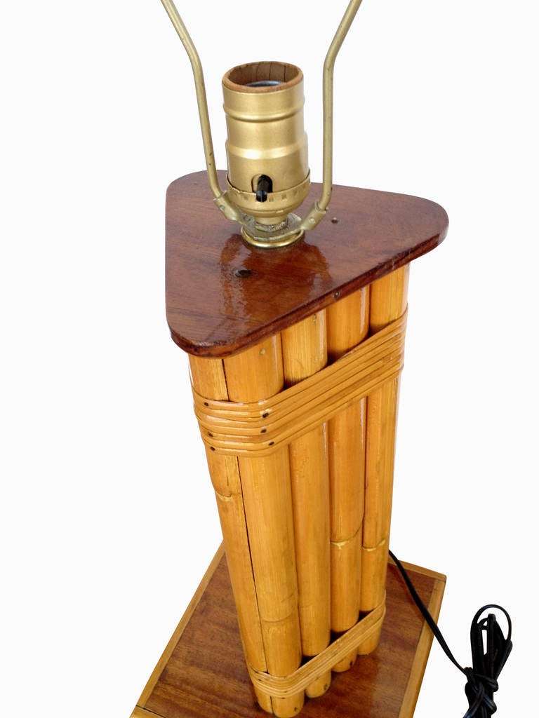 American Restored Wrapped Rattan Pole Lamp with Mahogany Base