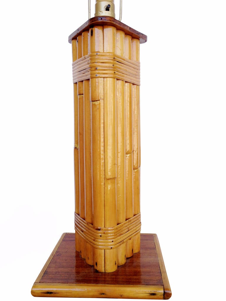 Mid-Century Modern Restored Wrapped Rattan Pole Lamp with Mahogany Base