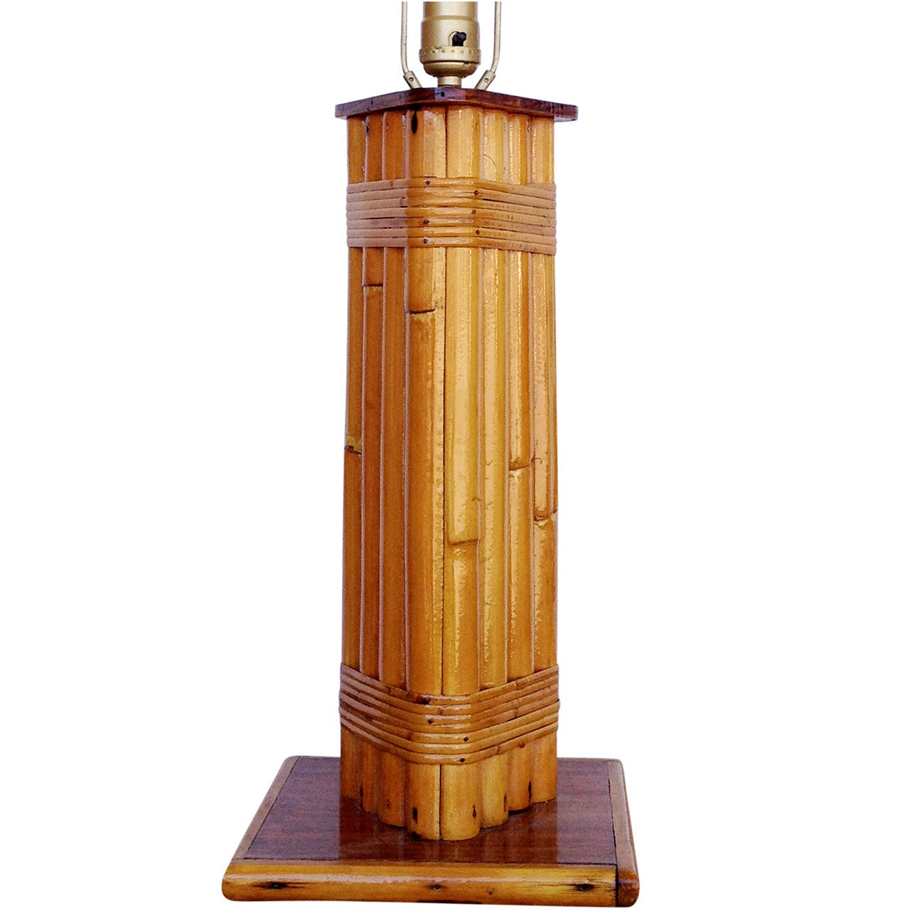Restored Wrapped Rattan Pole Lamp with Mahogany Base