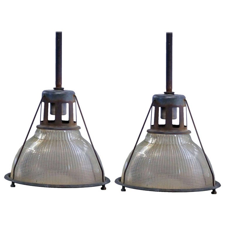 Circa 1938 very heavy made, industrial, ribbed glass Holophane Pendant lamp.