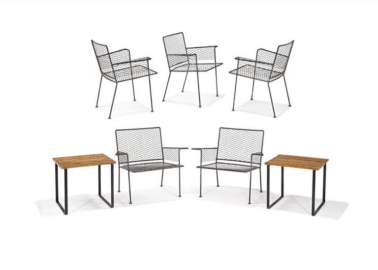 Van Keppel-Green designed outdoor or patio set including two wing arm 874 club chairs, three armchairs and two slat wood top sides. This is part of the Expanded Metal Line designed and built in the late 1950s through the 1960s by one the pioneering
