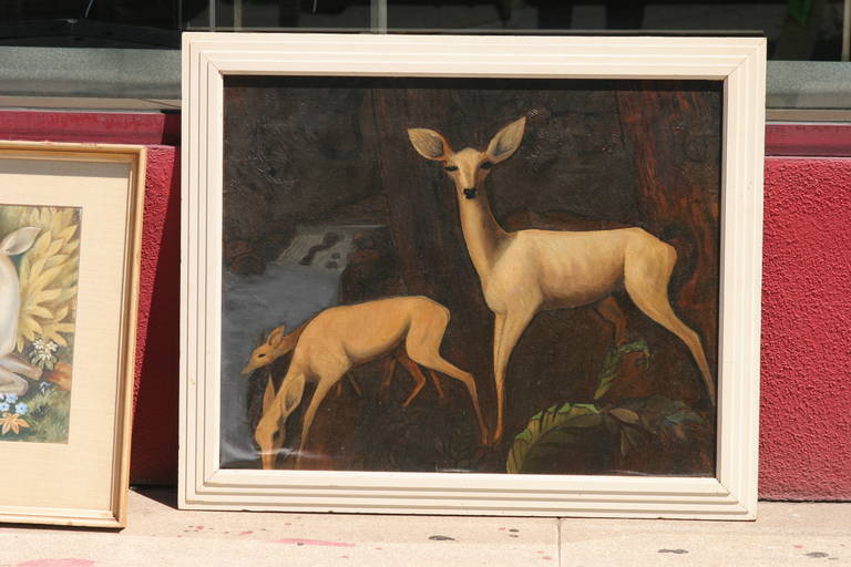 Art Deco era deer family oil painting on canvas, unsigned, circa 1934.

 This original painting was part of a furniture collection originally chosen by Paul Frankl for a house he designed in Los Angeles in 1934.