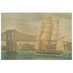 Antique American Mural of New York City Harbor