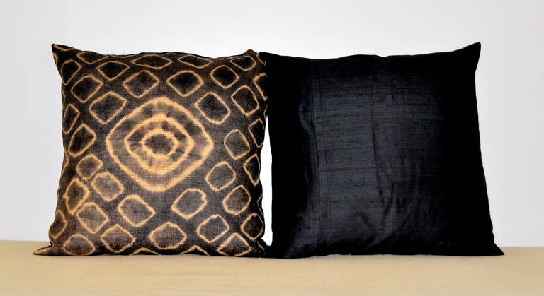 South African Antique African Tie-Dyed Kuba Cloth Pillow Pair with Dupioni Silk Backing *Sale*
