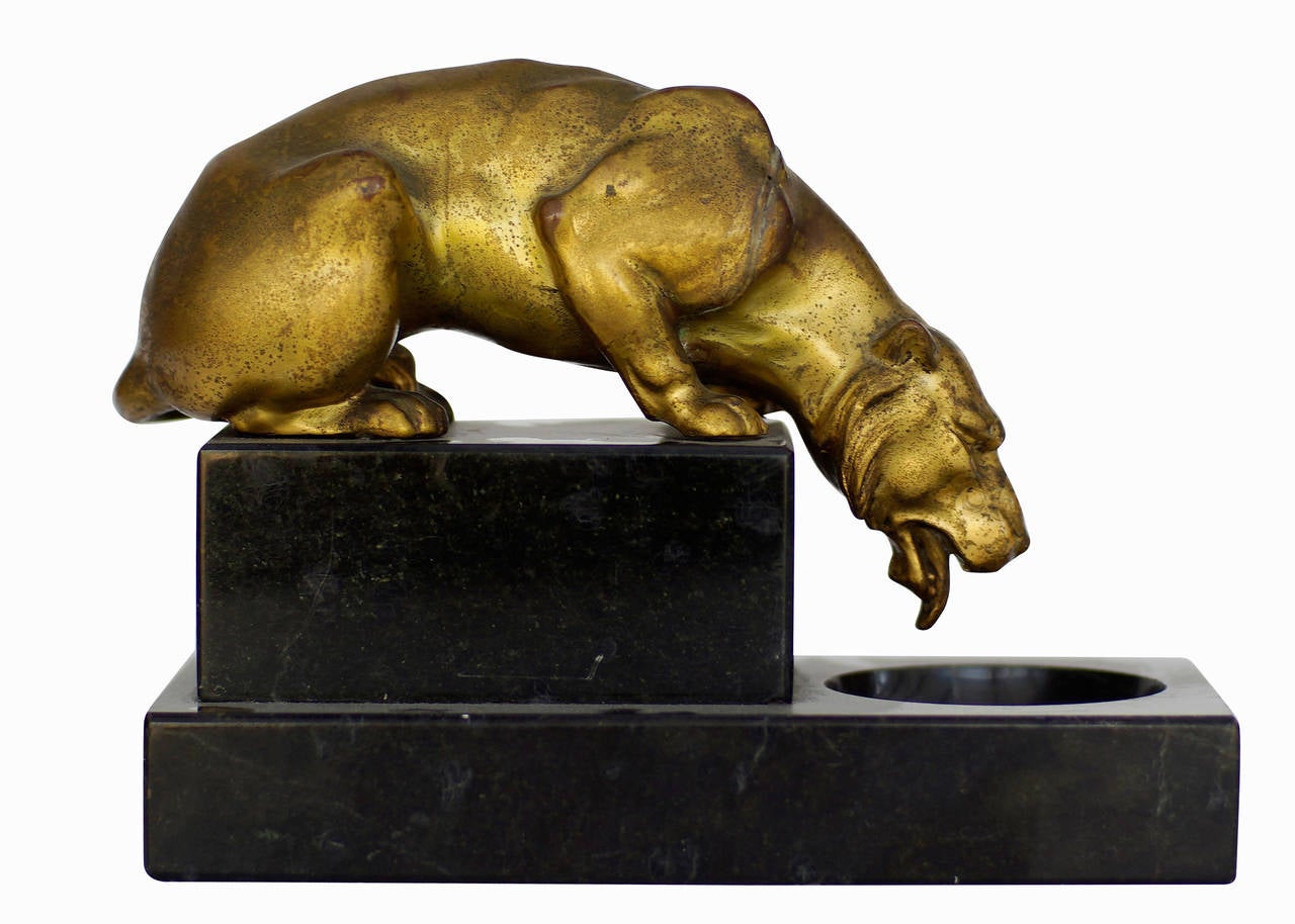 Art Deco Gilt Bronze Tiger with Marble Base
