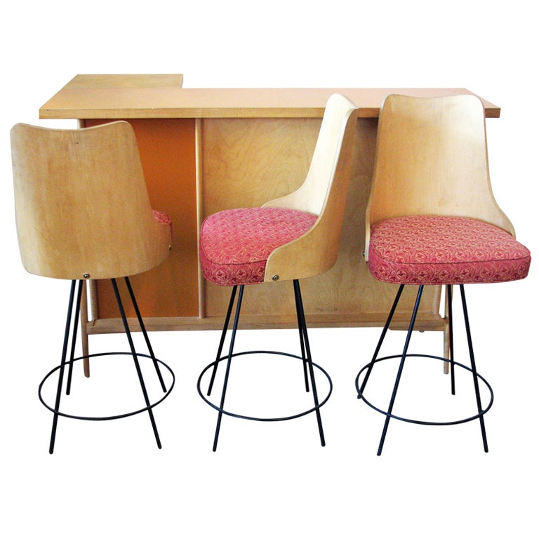 MidCentury Modern Bar with Matching Bentwood Bar Stools at 1stDibs