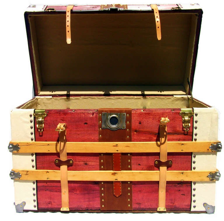 Antique Pine "Cowboy" Steamer Trunk, Twin Belts