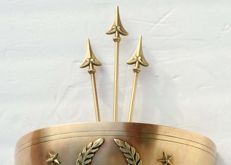 American Art Deco Brass Wall Sconces with Star and Arrow Motifs by Levolite, Pair