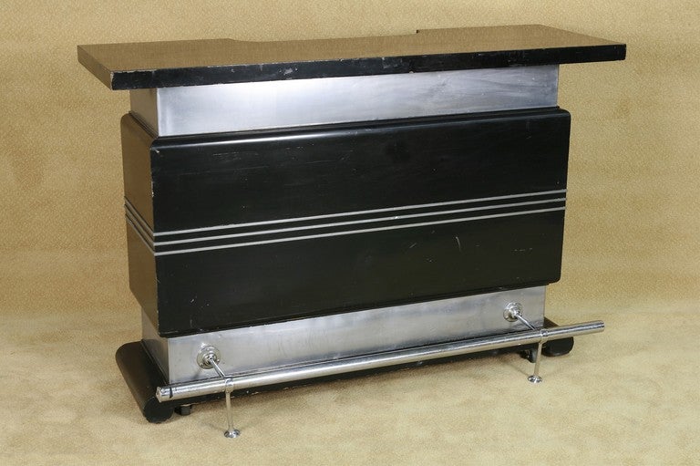 Art Deco Black Lacquered Bar with Stainless Steel & Chrome Accents