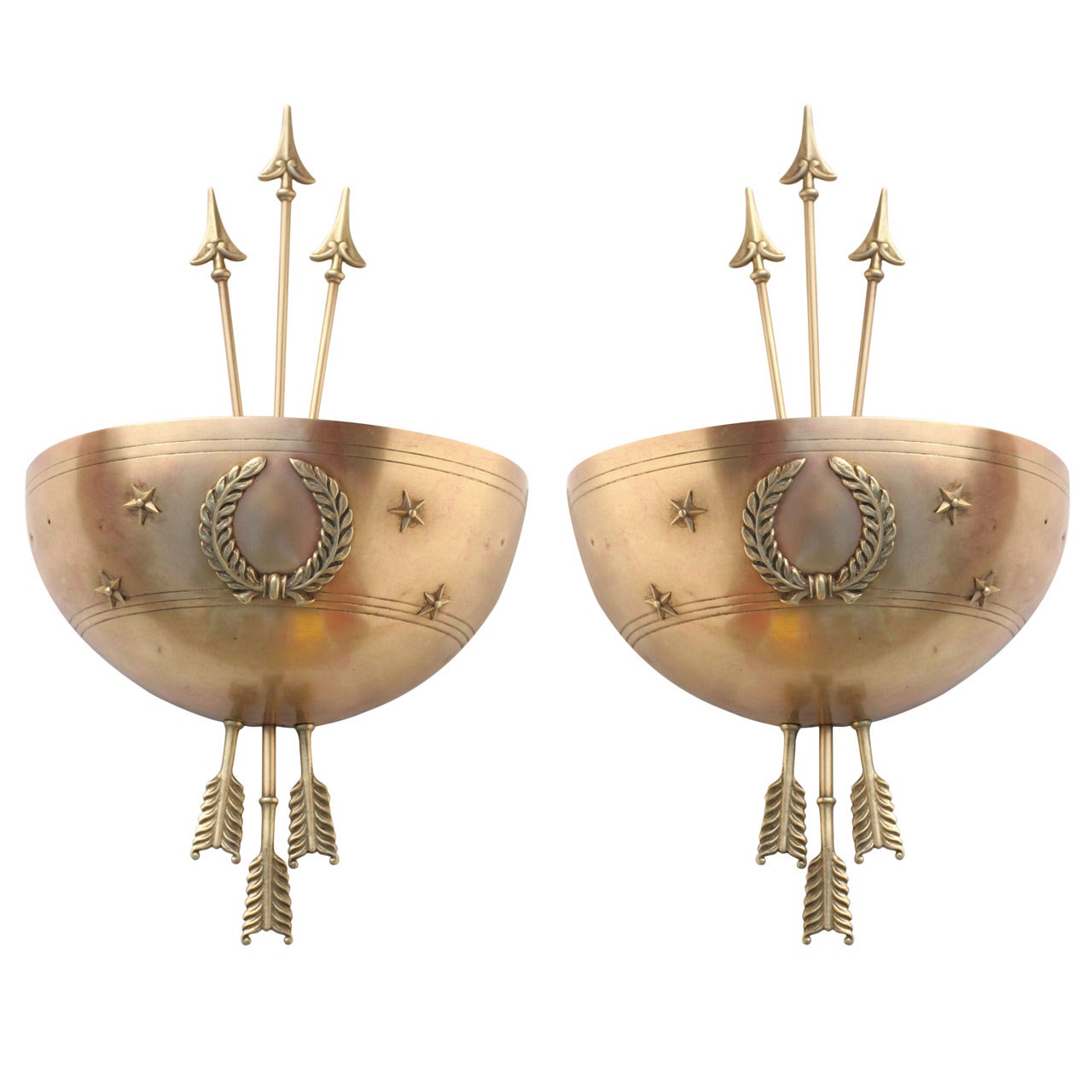 Art Deco Brass Wall Sconces with Star and Arrow Motifs by Levolite, Pair