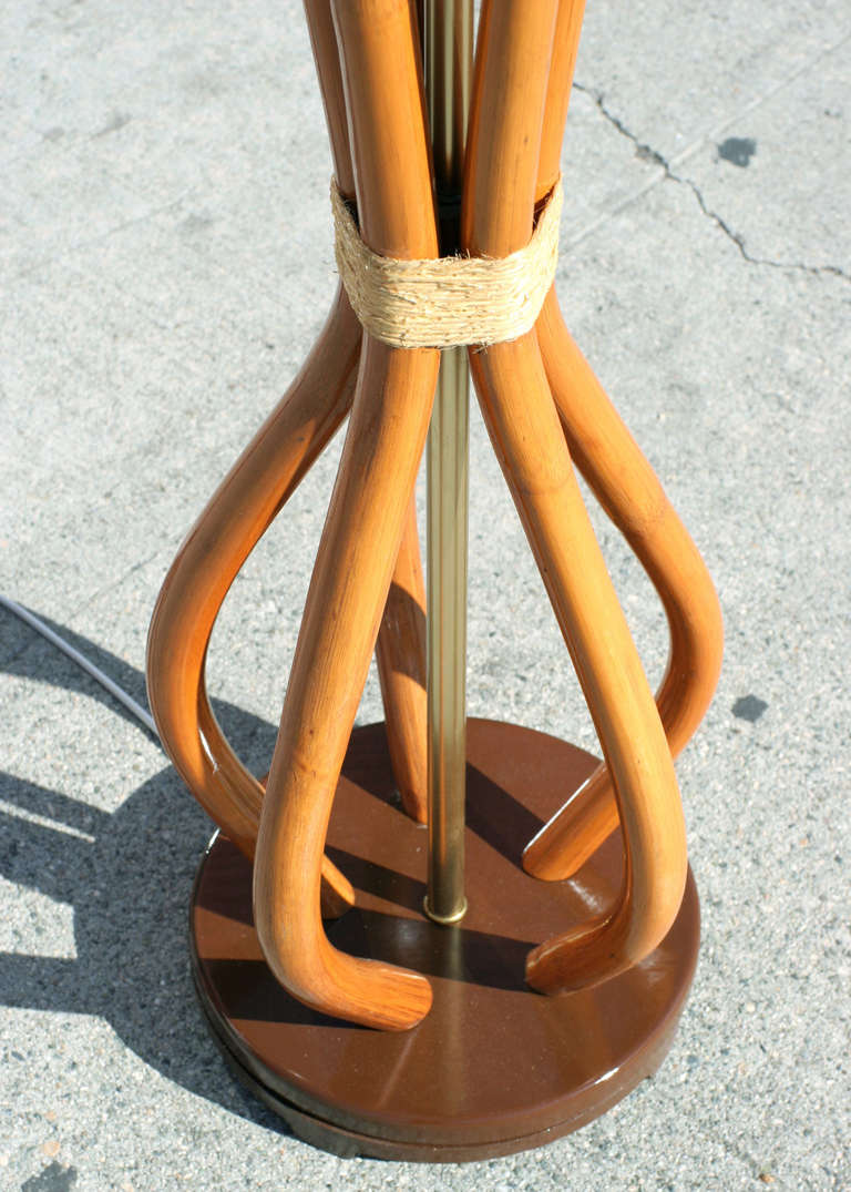 Restored Mid-Century French Rattan Pole Lamp In Excellent Condition In Van Nuys, CA