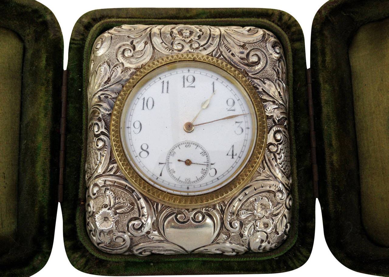 Victorian Silver Embossed Bed Side Clock by Douglas Clock Company For