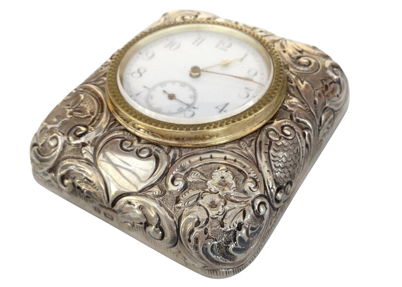 Victorian Silver Embossed Bed Side Clock by Douglas Clock Company For