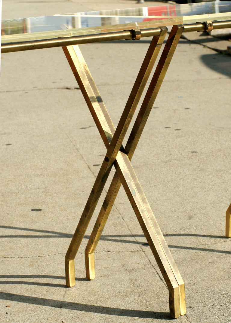 Late 20th Century Charles Hollis Jones Lucite and Brass Folding Tray Tables, Pair