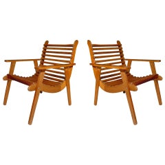 Mid-Century Modern Crescent-Shaped Slatted Lounge Chairs, Pair