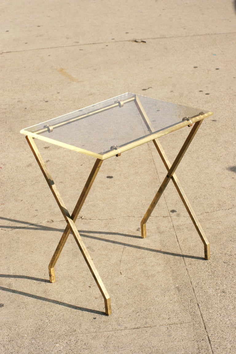 American Charles Hollis Jones Lucite and Brass Folding Tray Tables, Pair