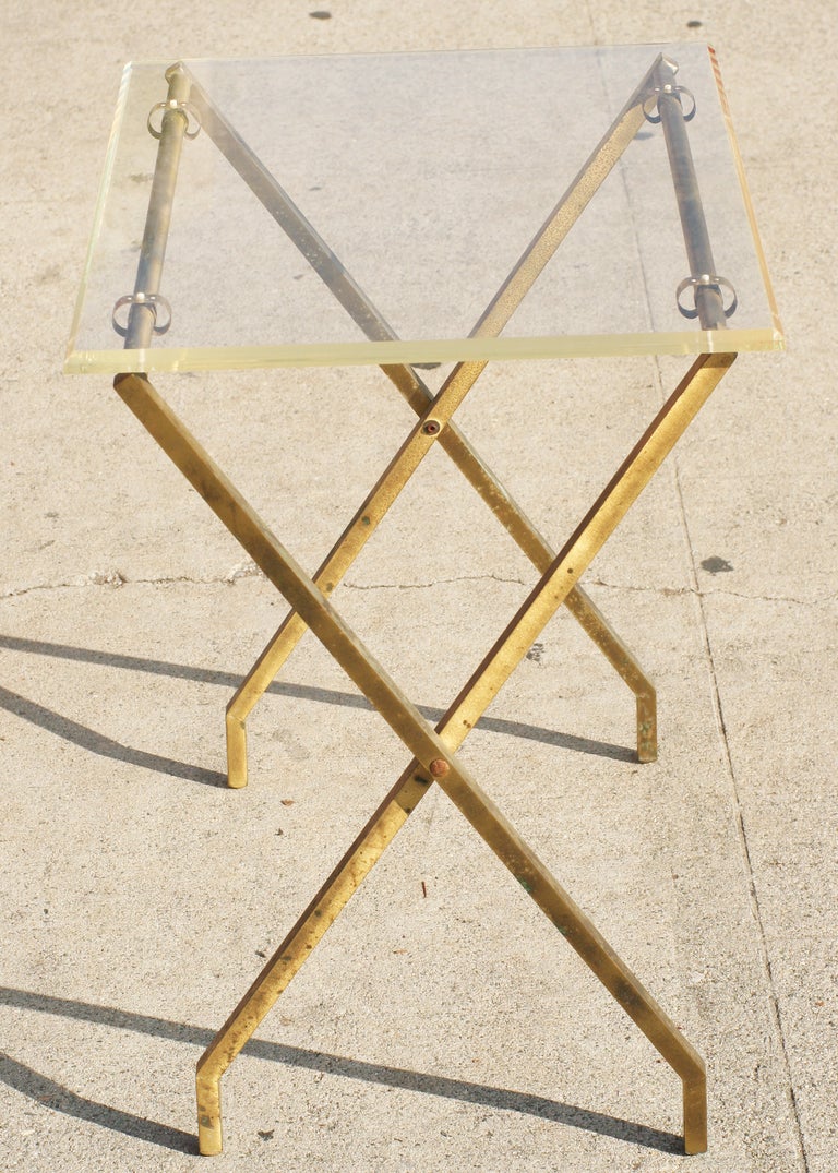 Charles Hollis Jones Lucite and Brass Folding Tray Tables, Pair In Good Condition In Van Nuys, CA