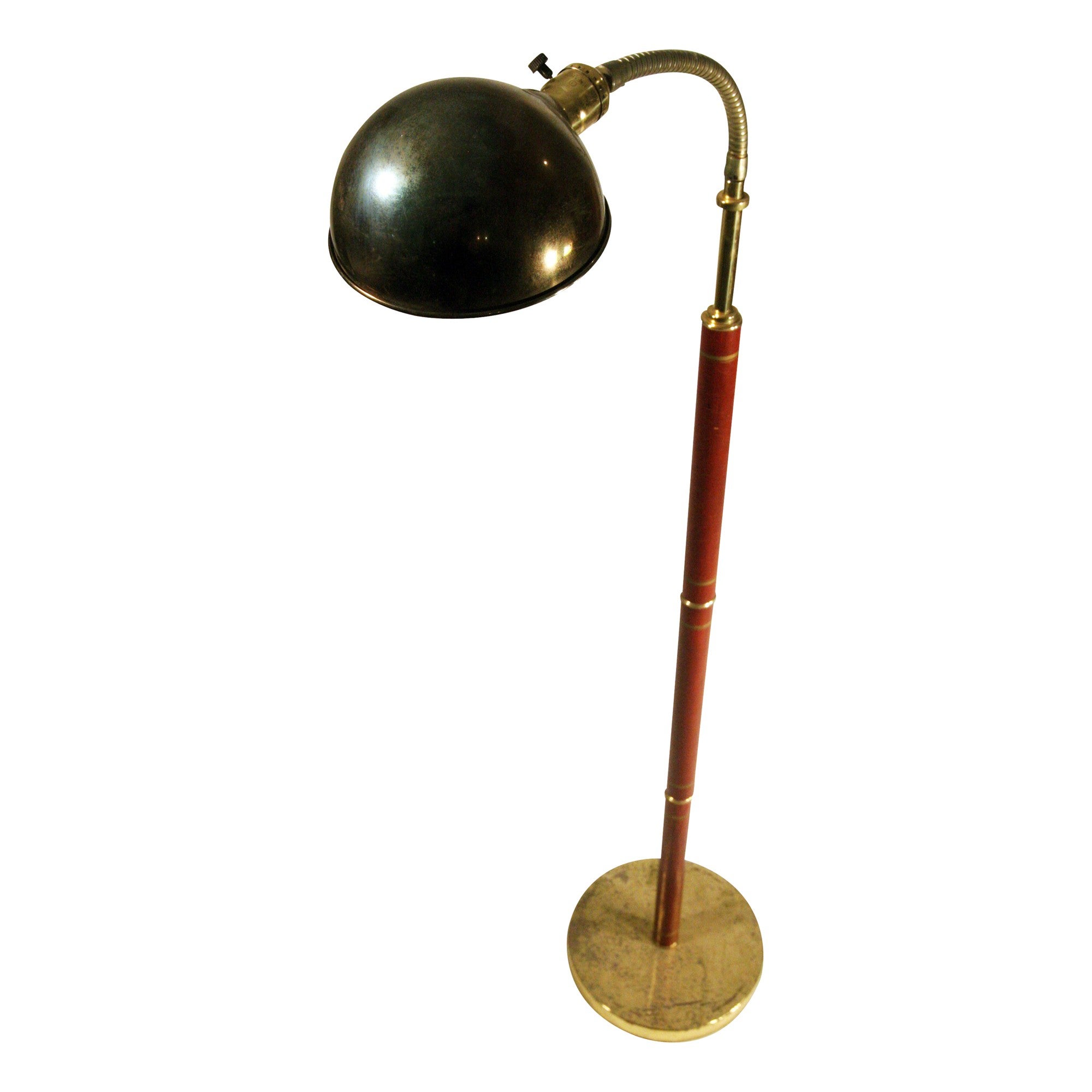 Mid-Century Modern Leather & Brass Gooseneck Floor Lamp in the Manner of Adnet
