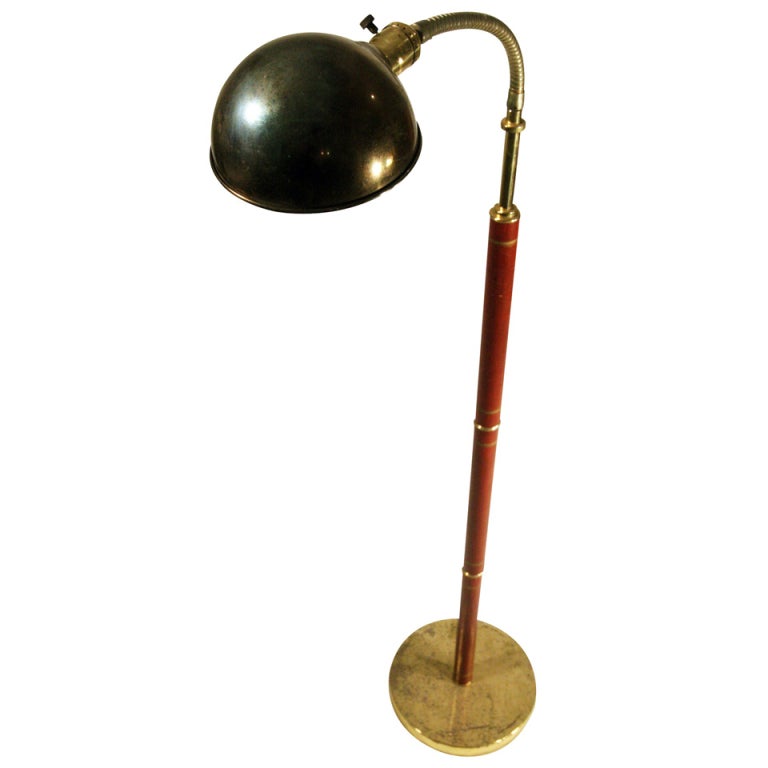 Mid-Century Modern Leather u0026 Brass Gooseneck Floor Lamp in the Manner of Adnet 1