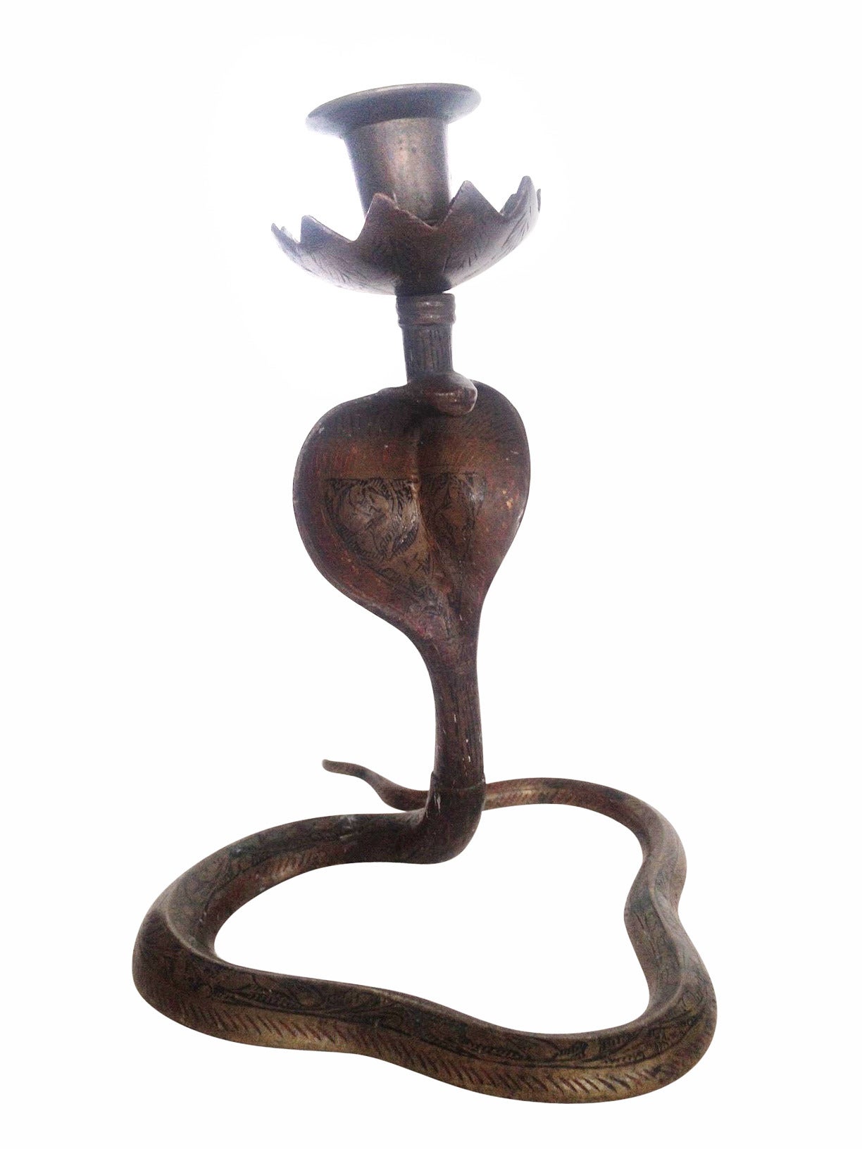 Late 20th Century Bronze Indian Cobra Snake Candleholder, Pair