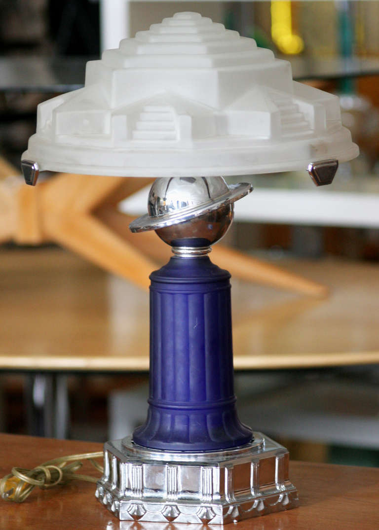 Art Deco styled chrome table lamp with cobalt glass center and white frosted glass lamp shade. All glass by Vianne Glass, France.