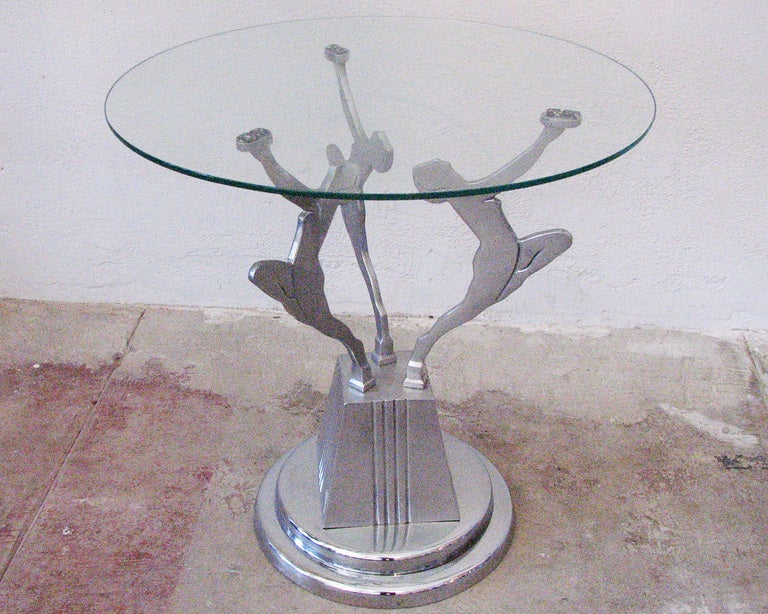 American Frankart Style Art Deco Figure Chrome Aluminum and Glass Side Table