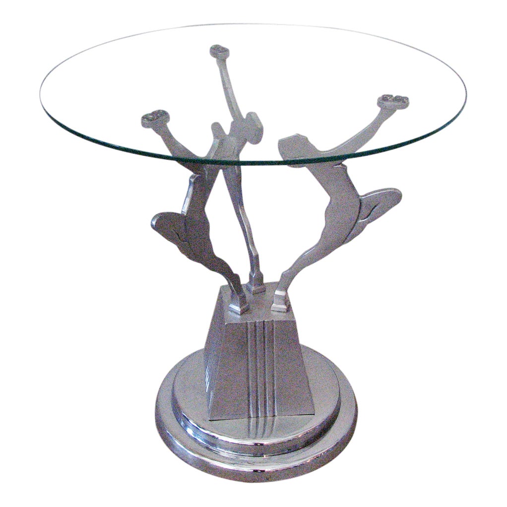 Frankart Style Art Deco Figure Chrome Aluminum and Glass Side Table