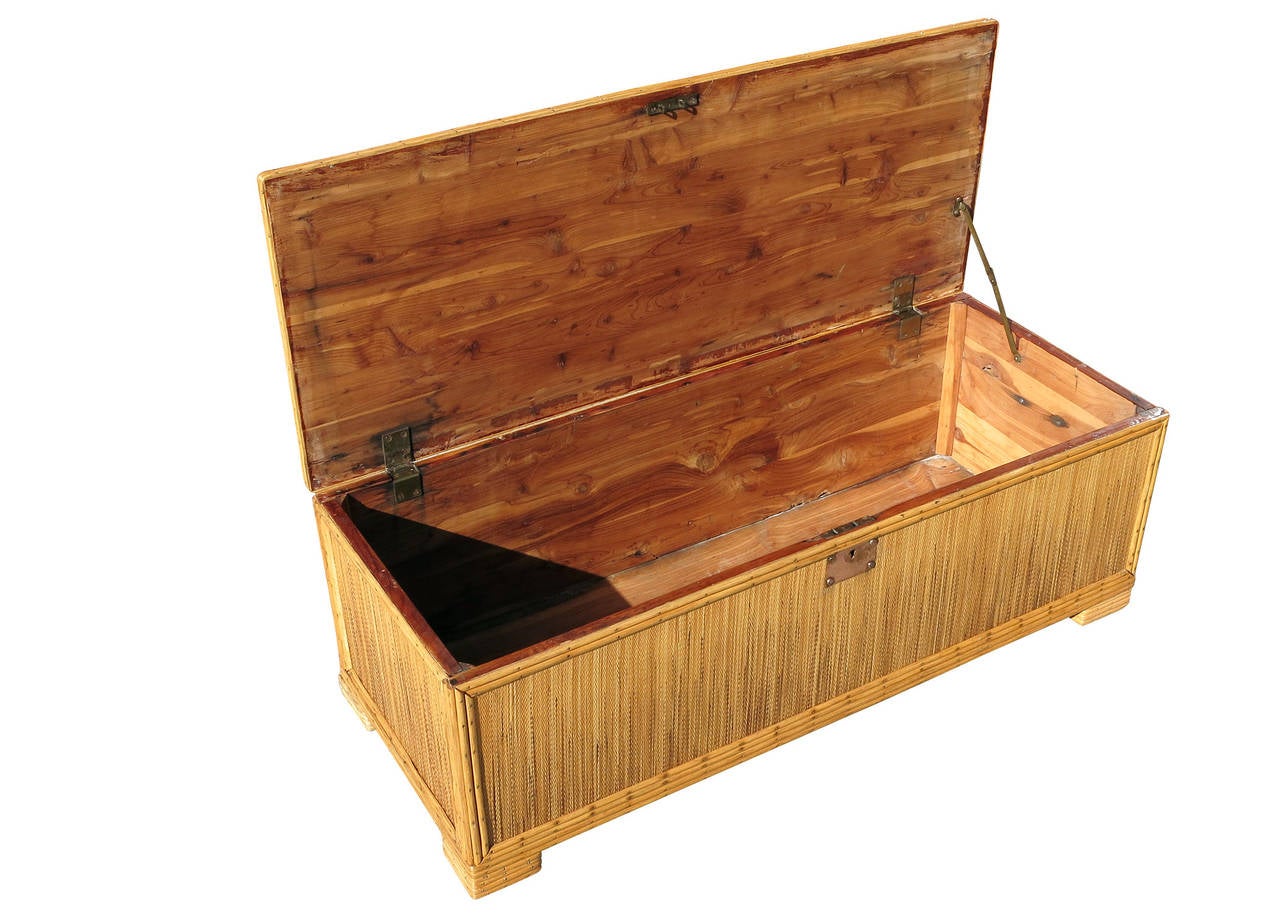 Mid-20th Century Stick Rattan Trunk with Grass Mat Cover and Solid Cedar Interior