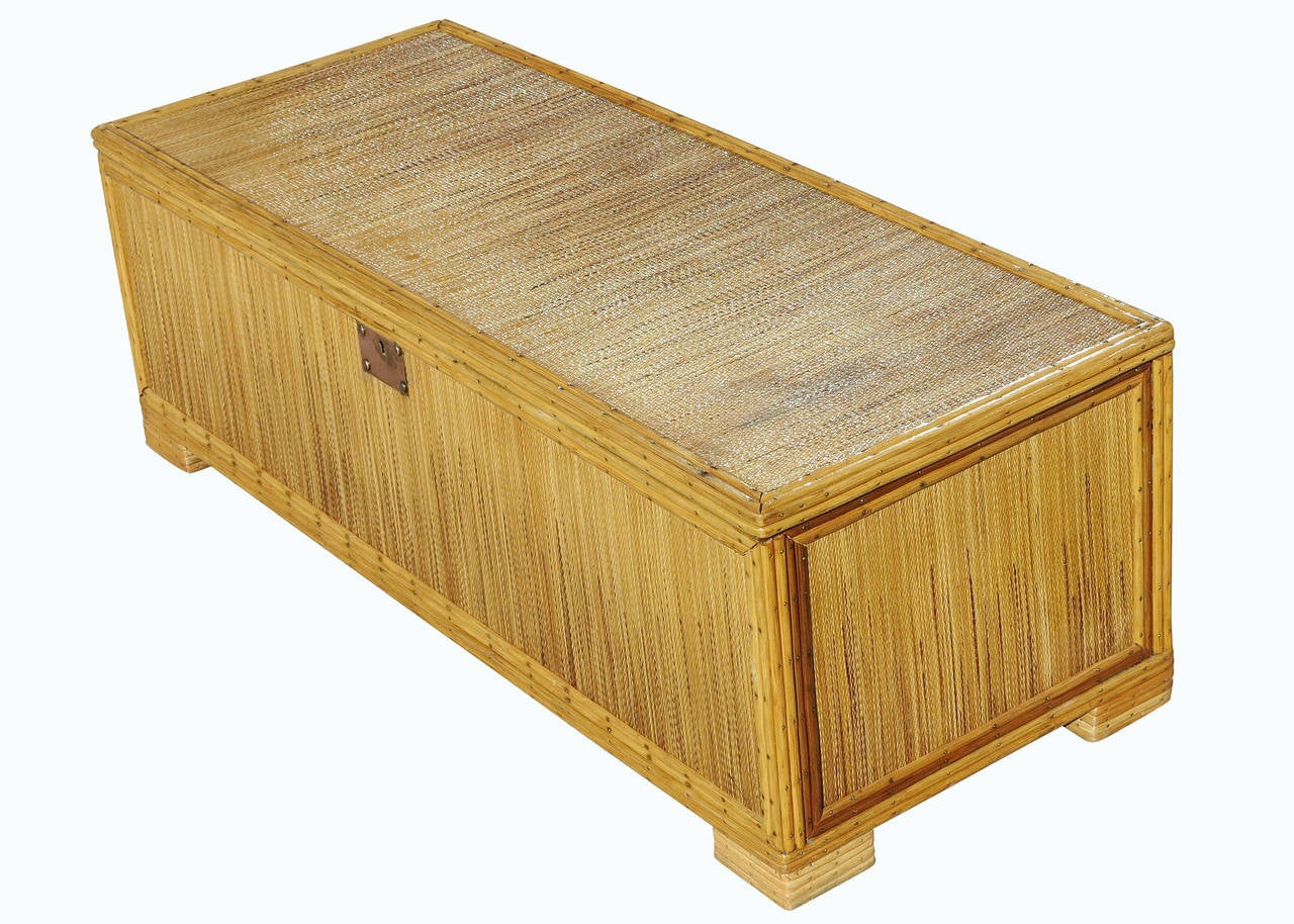Art Deco Stick Rattan Trunk with Grass Mat Cover and Solid Cedar Interior