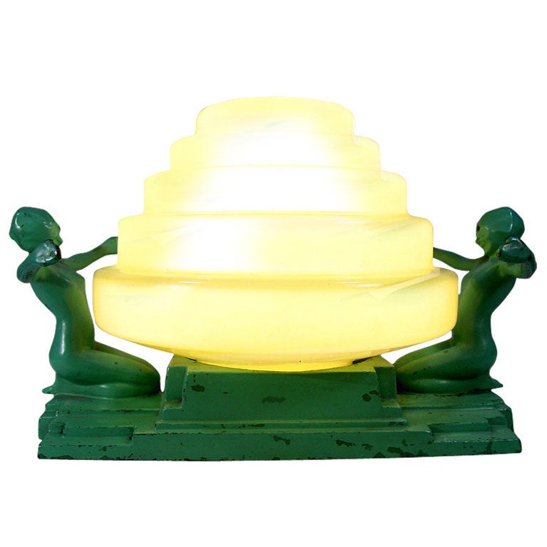 Evocative Art Deco Frankart Figural Lamp with Stepped Shade