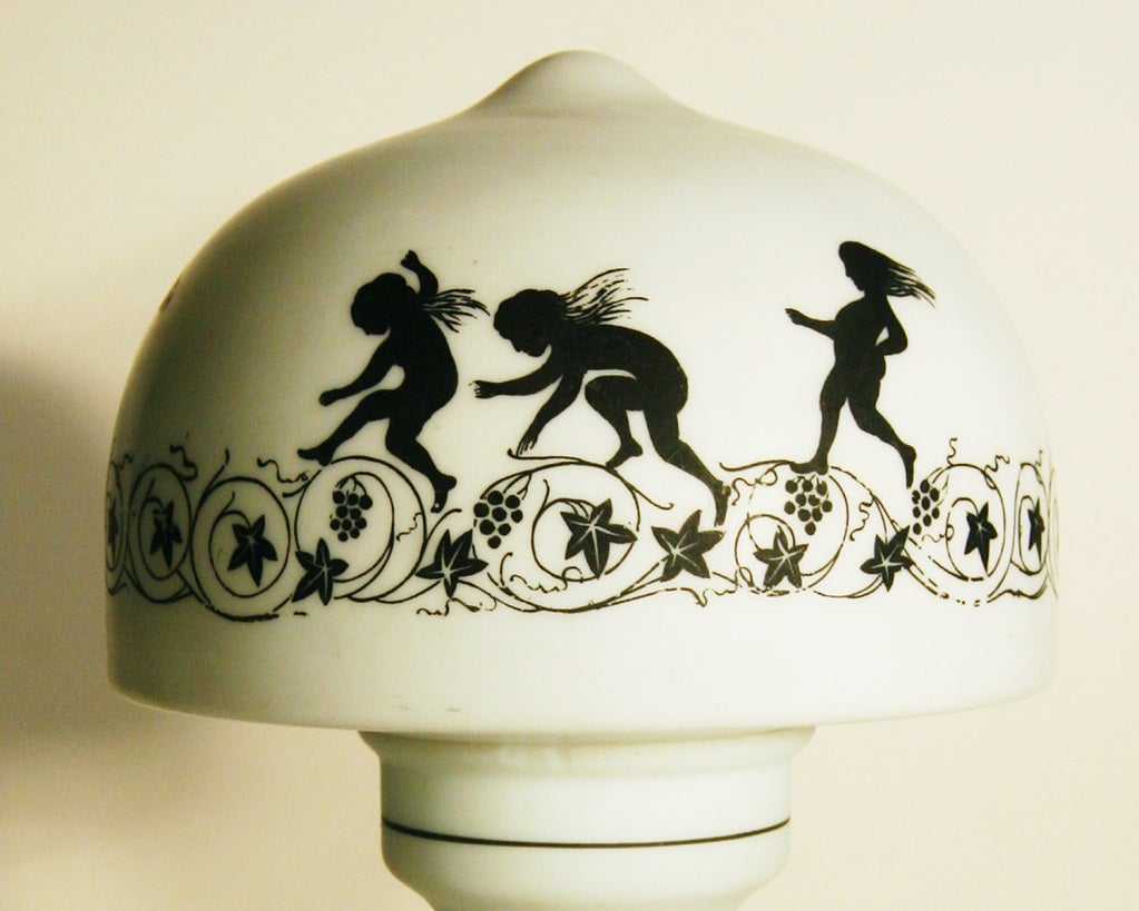 Rare Milk Glass Electric Lantern / Lamp with Silhouetted Cherubs, c. 1910