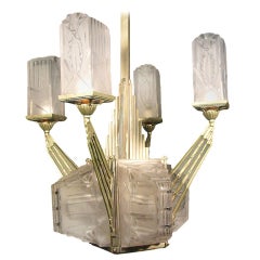 Stepped Art Deco Four-Arm Chandelier, Signed Dugue 8