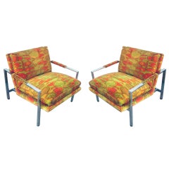 Milo Baughman Chrome Lounge Chairs with Original Larsen Fabric, Pair