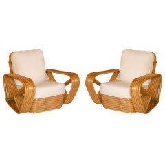 Restored Paul Frankl Style Square Pretzel Rattan Armchairs, Pair