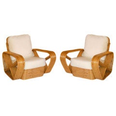 Vintage Restored Paul Frankl Style Square Pretzel Rattan Armchairs, Pair