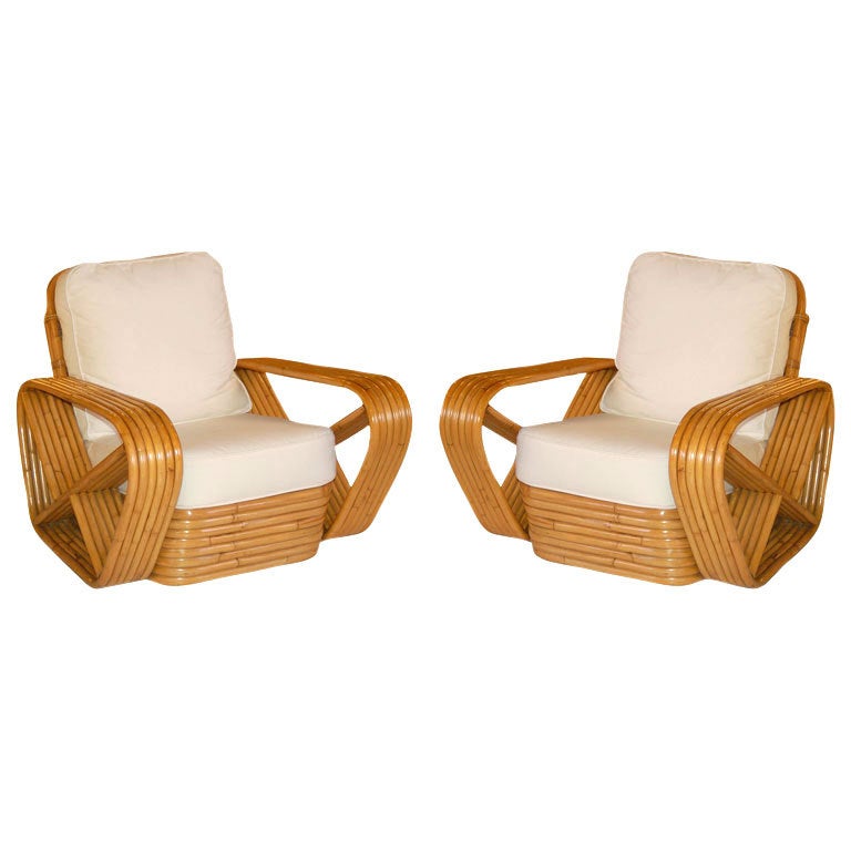 Restored Paul Frankl Style Square Pretzel Rattan Armchairs, Pair