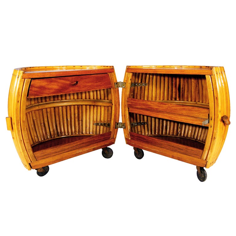 Rare 1940s Rattan and Mahogany Pumpkin Bar