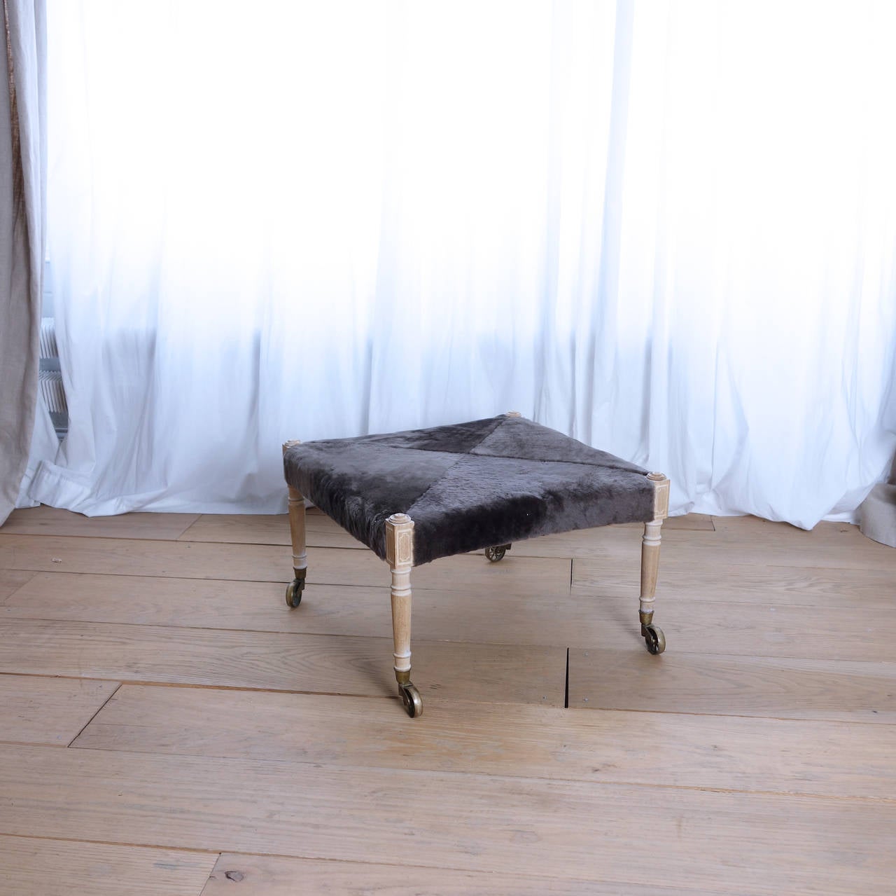 Brass Shearling-Covered Neoclassical Ottoman