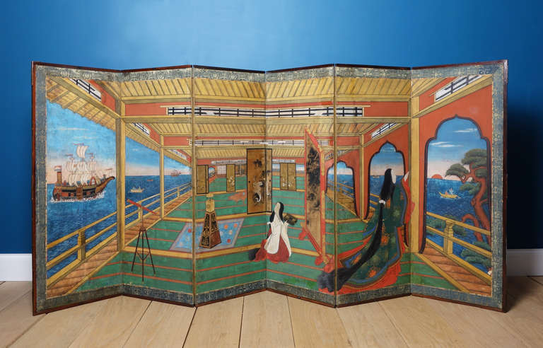This screen depicts two Japanese ladies, probably courtesans, one of them occupied with painting a screen, the other gesturing to a small fishing boat. She seems to be announcing the arrival of a ship from the Dutch East India Company (represented