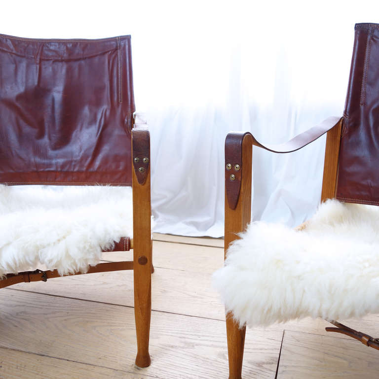 Ash Pair of Oxhide Safari Chairs by Kaare Klint for Rud. Rasmussen