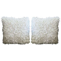 Pair of Curly Sheepskin and Leather Throw Pillows
