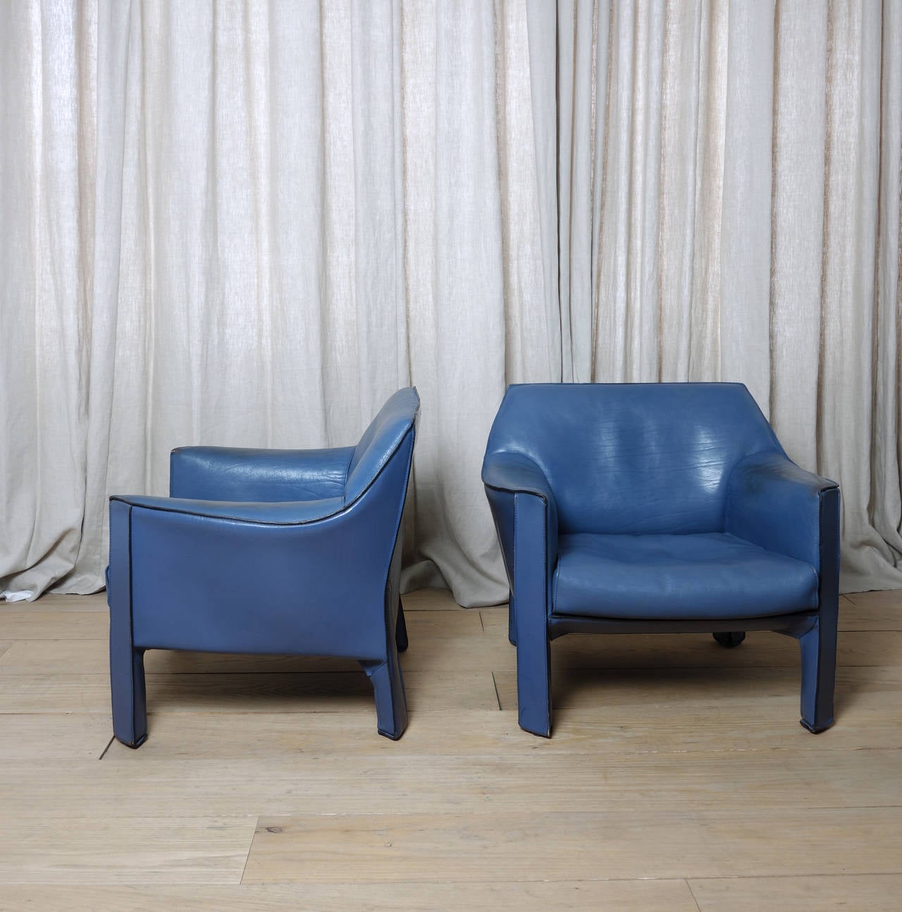 Italian Pair of Bellini Cab Club Chairs in a Rare Custom Blue