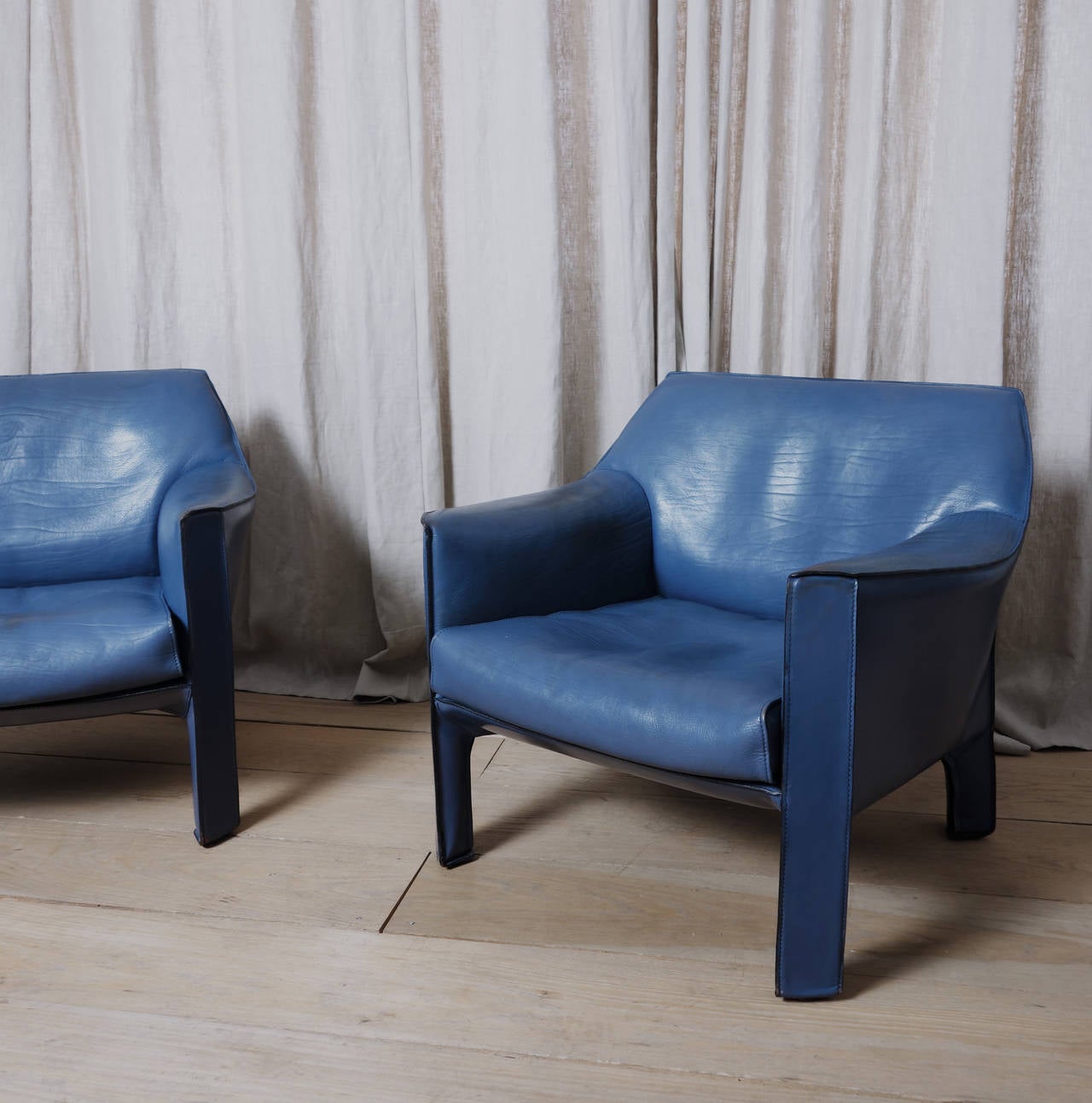 Enameled Pair of Bellini Cab Club Chairs in a Rare Custom Blue