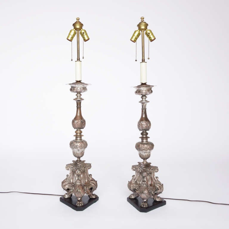 20th Century Pair of Italian Baroque Altar Pricket Lamps For Sale