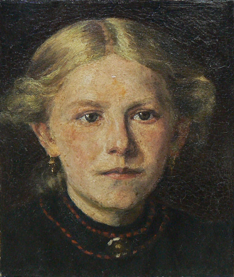 This charming pensive beauty is lovingly captured by a highly-skilled painter most likely of Danish or German origin. There are remnants of a signature, but the artist's identity remains unknown.