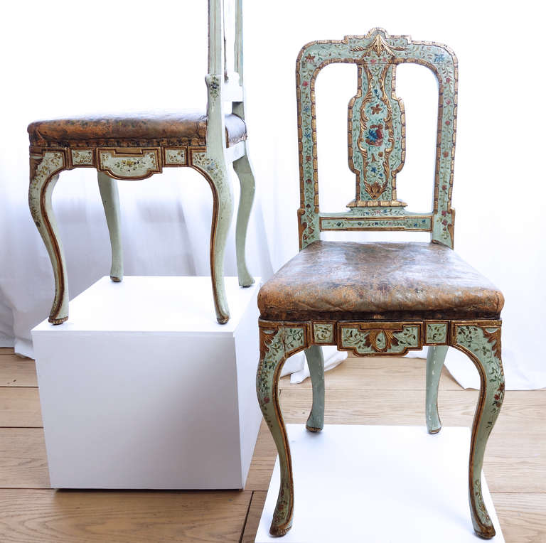 Leather Pair of mid-18th Century Painted and Parcel-Gilt Sicilian Side Chairs