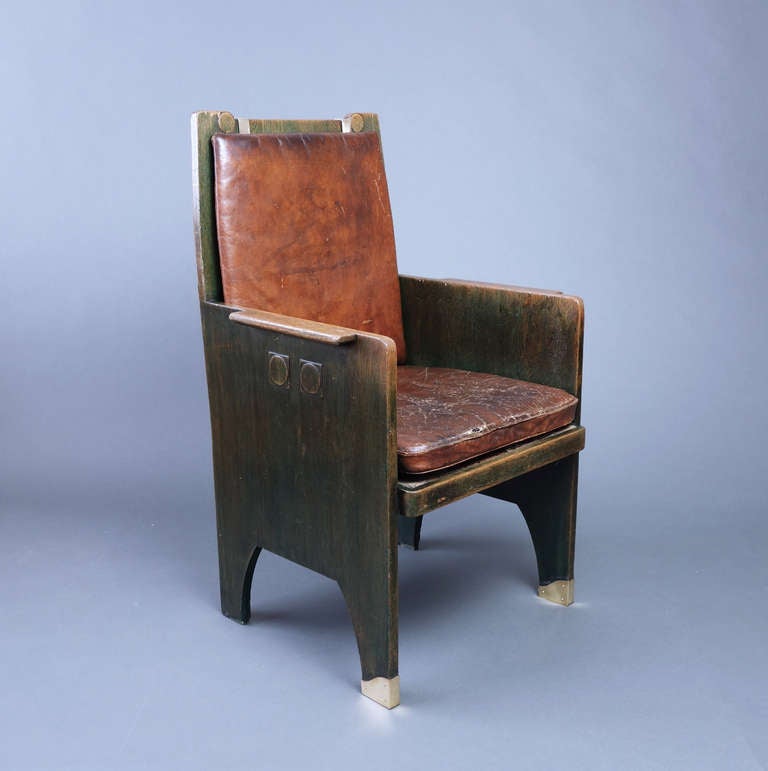 This handsome and important oak armchair was attributed to Josef Hoffmann by the Galerie Metropol of Vienna, in the catalog for the exhibition 