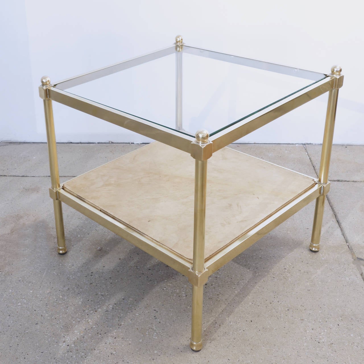 American Pair of Brass and Goatskin Parchment End Tables