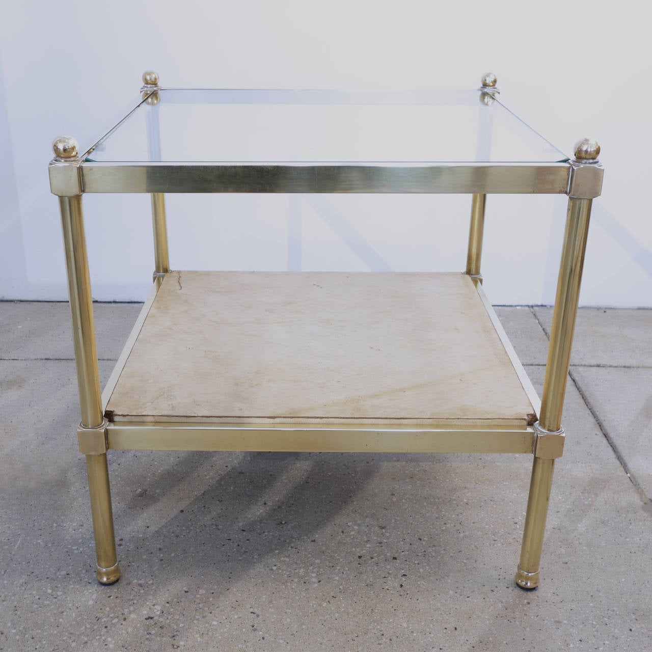 Pair of Brass and Goatskin Parchment End Tables In Good Condition In New York, NY